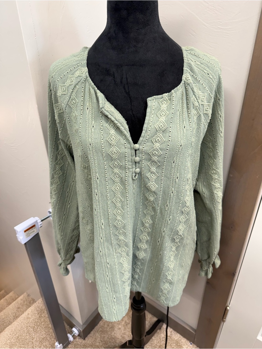 Frye Button Popover Crochet Boho Pistachio Green Blouse Embroidered Textured L